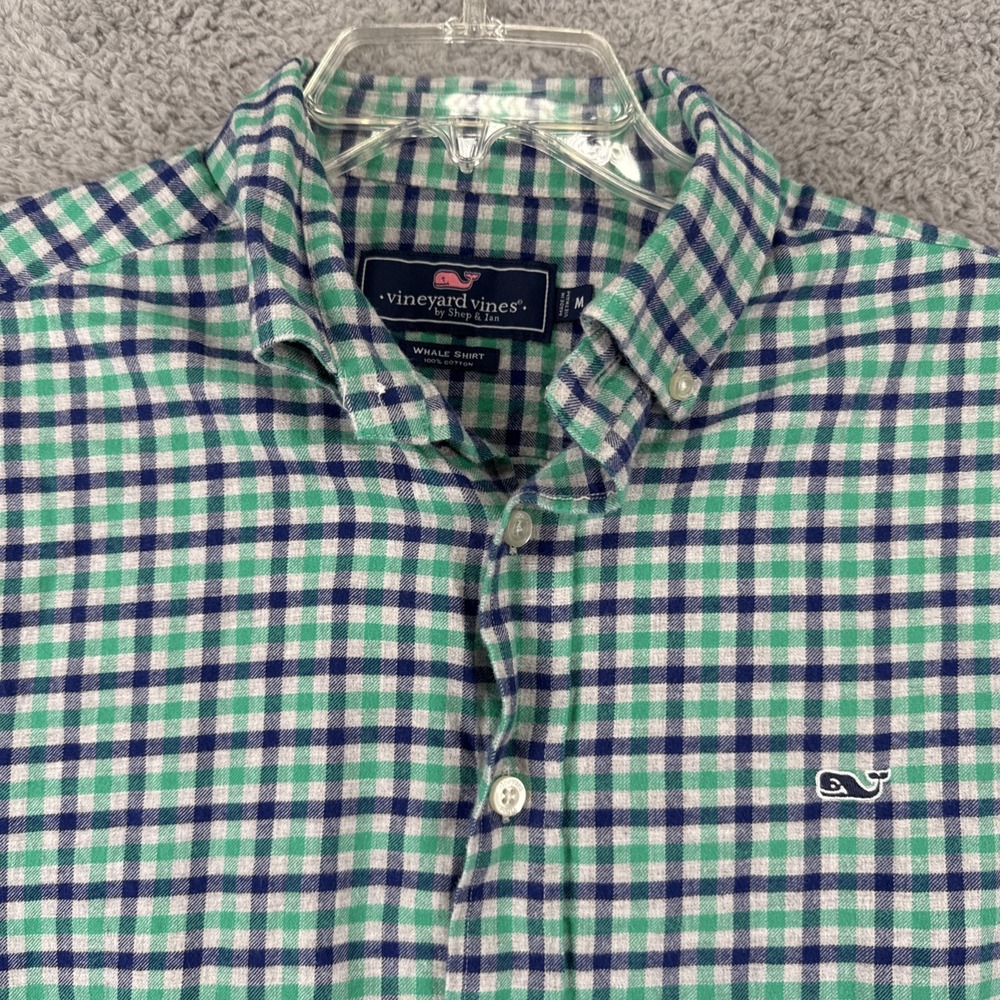 Vineyard Vines Flannel Whale Shirt Medium L/S Shep & Ian Plaid Green on Blue